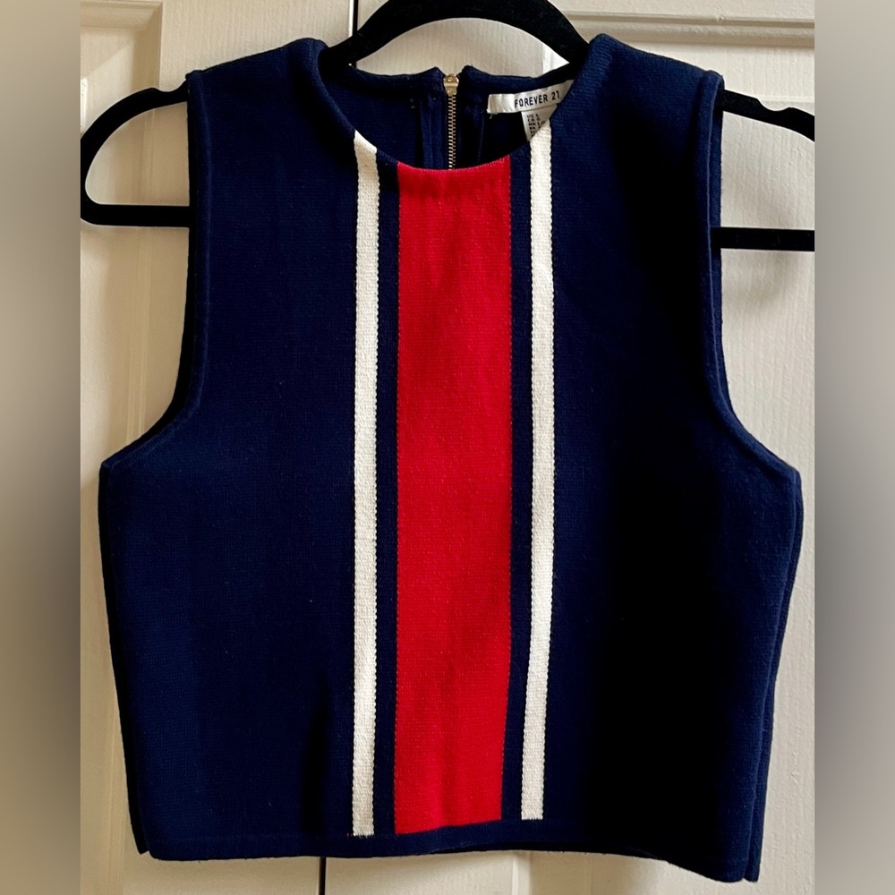 🍒FOREVER 21 sz M/L KNIT CROP TANK TOP Navy Blue Red/White Stripe w/Gold Zipper